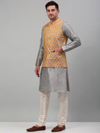 Jompers Men's Woven Design Nehru Jacket and Kurta Pyjama Set - Silver | Grocsy