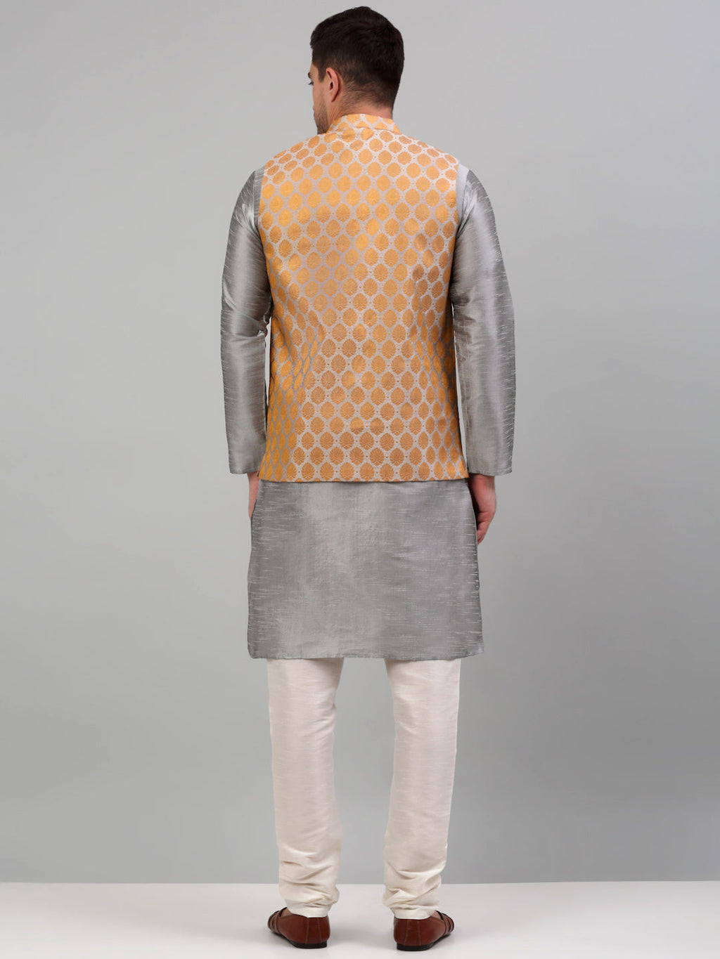 Jompers Men's Woven Design Nehru Jacket and Kurta Pyjama Set - Silver | Grocsy