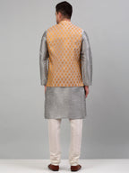 Jompers Men's Woven Design Nehru Jacket and Kurta Pyjama Set - Silver | Grocsy