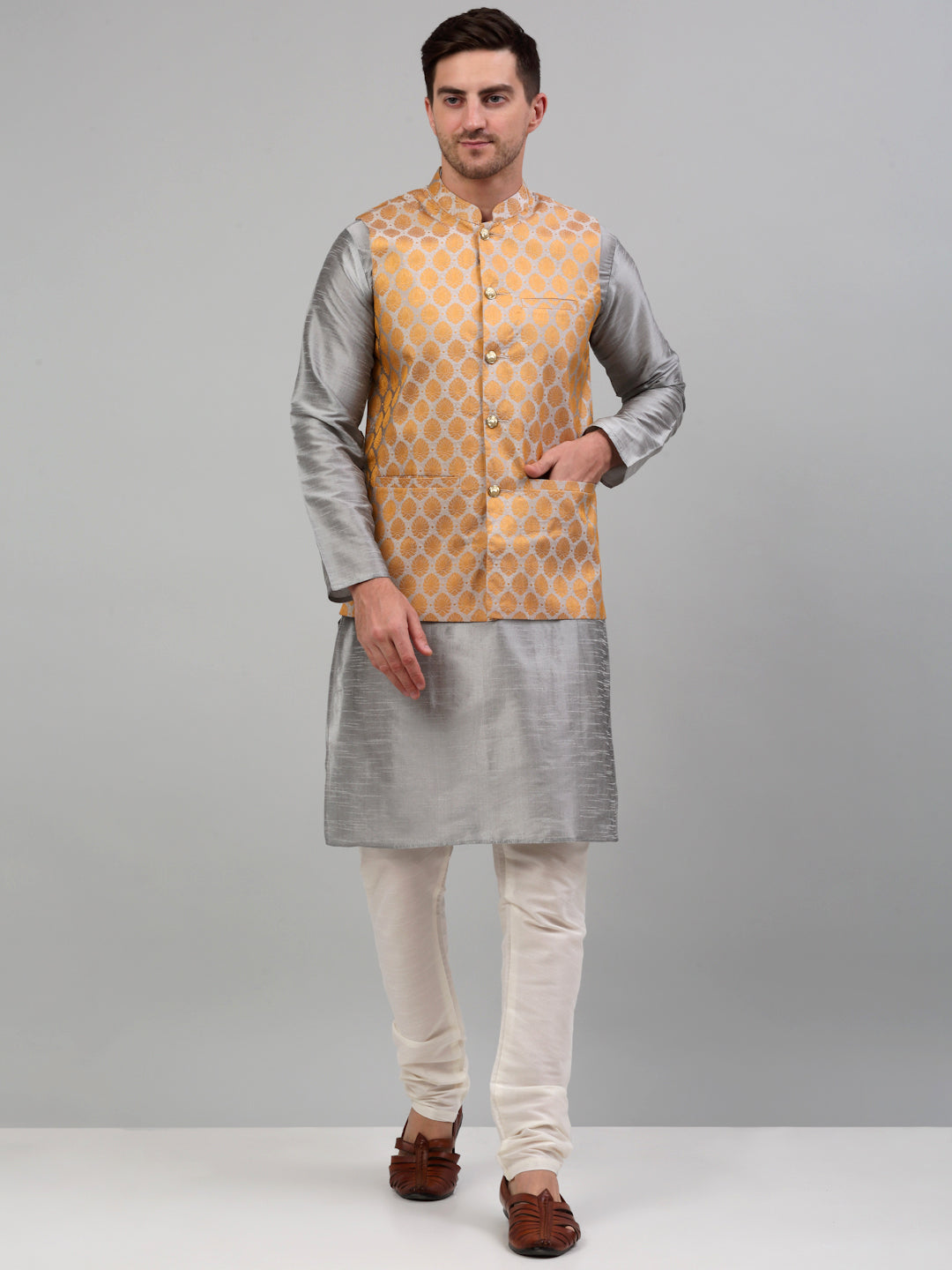 Jompers Men's Woven Design Nehru Jacket and Kurta Pyjama Set - Silver | Grocsy