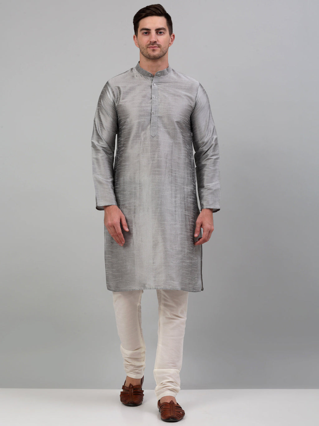 Jompers Men's Woven Design Nehru Jacket and Kurta Pyjama Set - Silver | Grocsy
