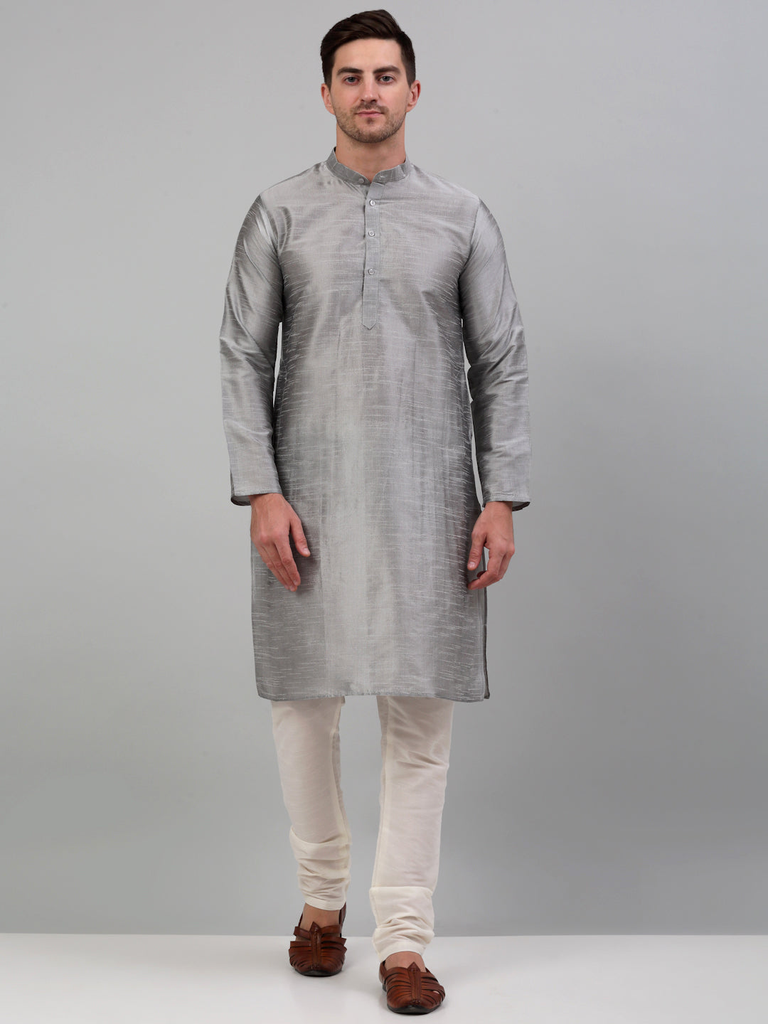 Jompers Men's Woven Design Nehru Jacket and Kurta Pyjama Set - Silver | Grocsy