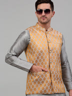 Jompers Men's Woven Design Nehru Jacket and Kurta Pyjama Set - Silver | Grocsy