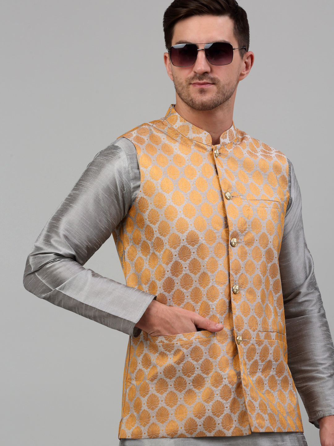 Jompers Men's Woven Design Nehru Jacket and Kurta Pyjama Set - Silver | Grocsy