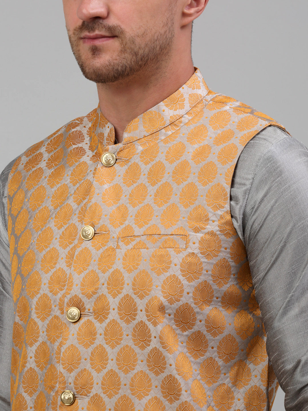 Jompers Men's Woven Design Nehru Jacket and Kurta Pyjama Set - Silver | Grocsy