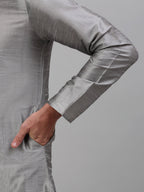 Jompers Men's Woven Design Nehru Jacket and Kurta Pyjama Set - Silver | Grocsy