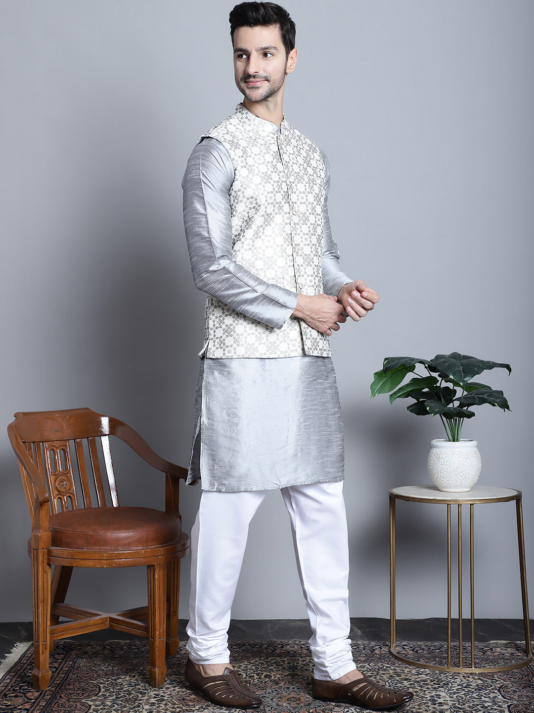 Jompers Men's Woven Design Nehru Jacket With Kurta Pyjama Set - Cream | Grocsy