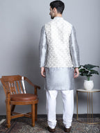 Jompers Men's Woven Design Nehru Jacket With Kurta Pyjama Set - Cream | Grocsy