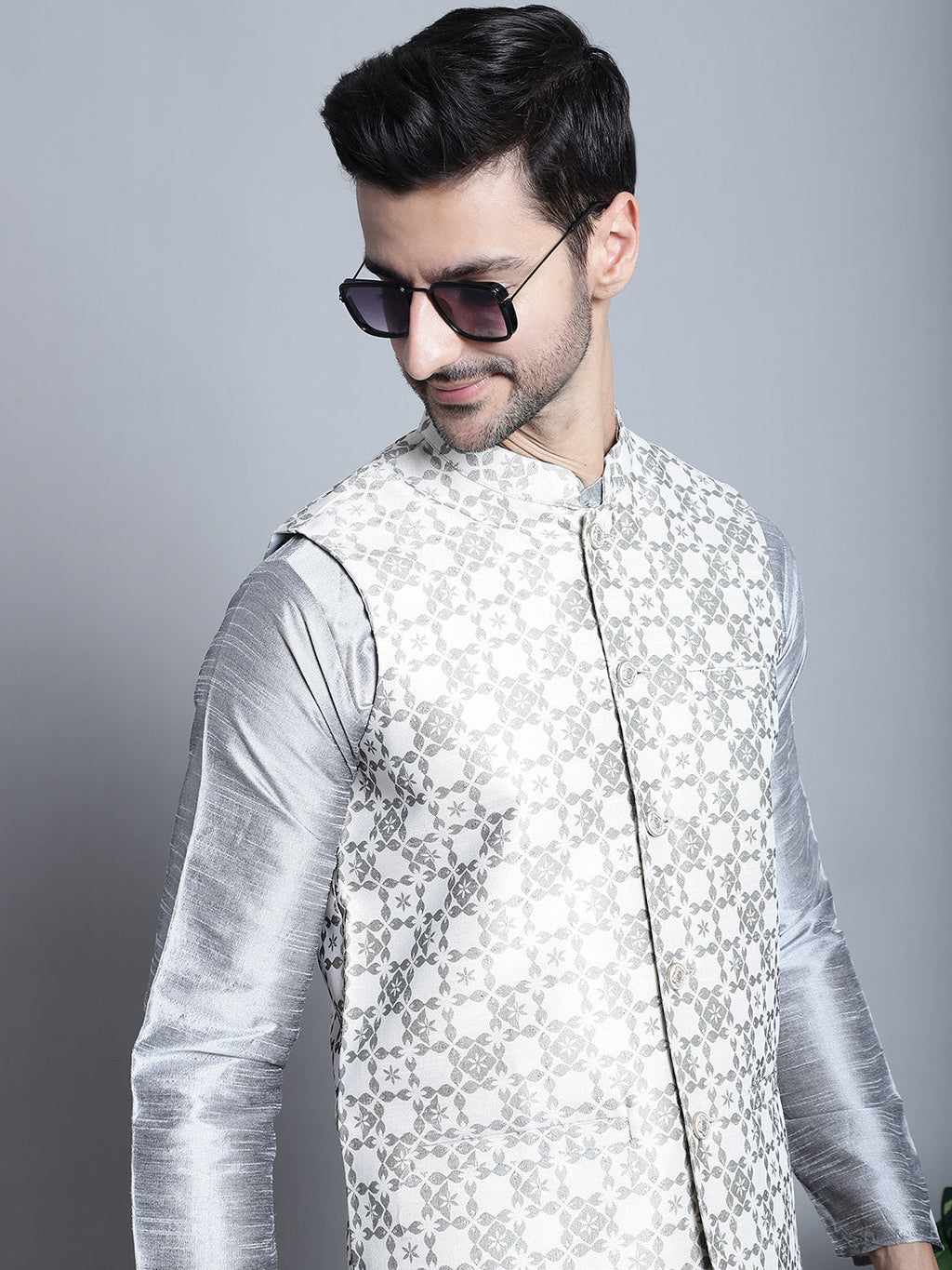 Jompers Men's Woven Design Nehru Jacket With Kurta Pyjama Set - Cream | Grocsy