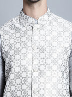 Jompers Men's Woven Design Nehru Jacket With Kurta Pyjama Set - Cream | Grocsy