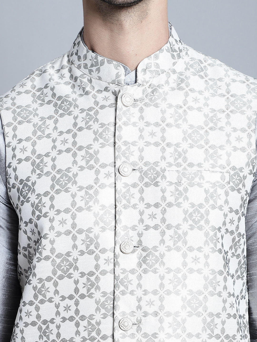 Jompers Men's Woven Design Nehru Jacket With Kurta Pyjama Set - Cream | Grocsy
