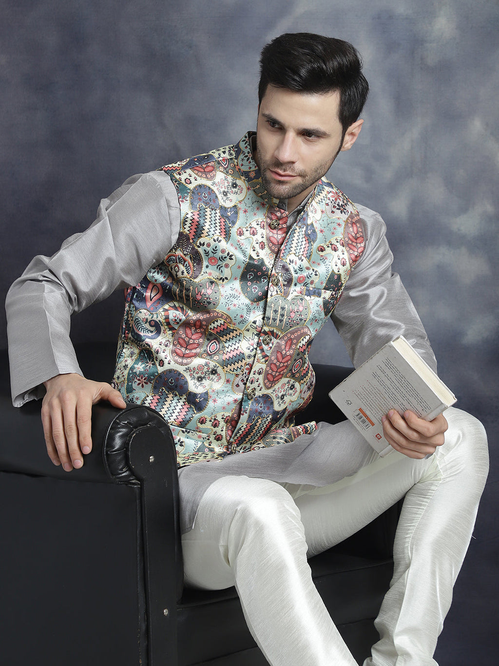 Jompers Men's Digital Print and Zari Work Nehru Jacket With Kurta Pyjama Set - Blue | Grocsy
