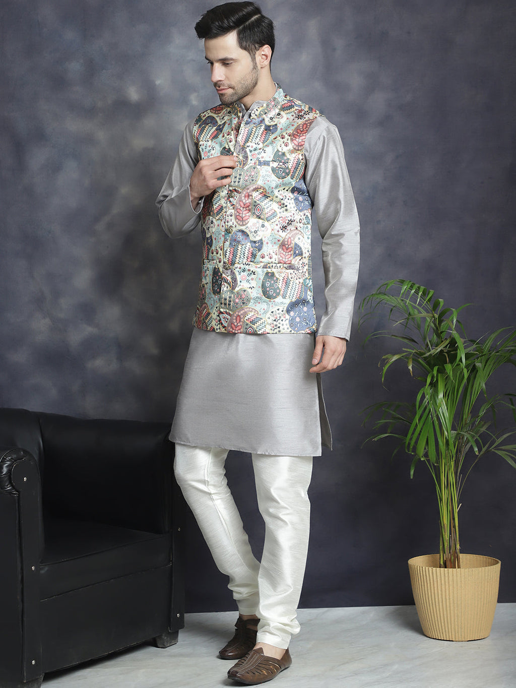 Jompers Men's Digital Print and Zari Work Nehru Jacket With Kurta Pyjama Set - Blue | Grocsy