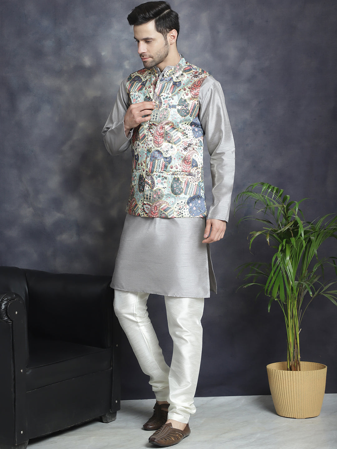 Jompers Men's Digital Print and Zari Work Nehru Jacket With Kurta Pyjama Set - Blue | Grocsy