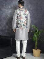 Jompers Men's Digital Print and Zari Work Nehru Jacket With Kurta Pyjama Set - Blue | Grocsy