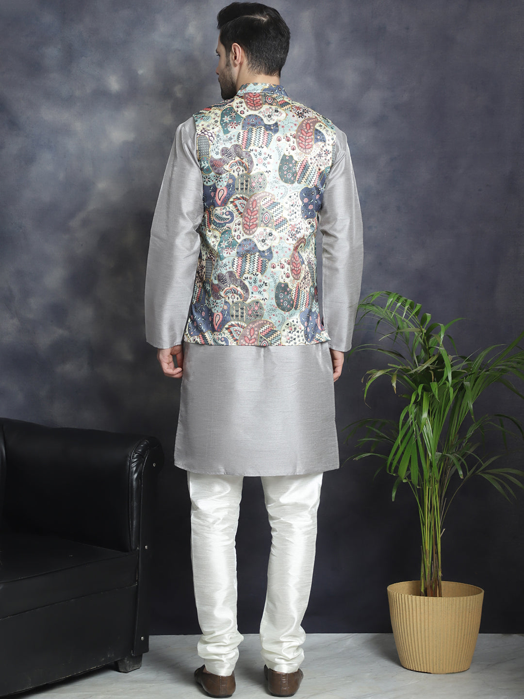 Jompers Men's Digital Print and Zari Work Nehru Jacket With Kurta Pyjama Set - Blue | Grocsy