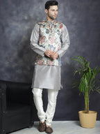 Jompers Men's Digital Print and Zari Work Nehru Jacket With Kurta Pyjama Set - Blue | Grocsy