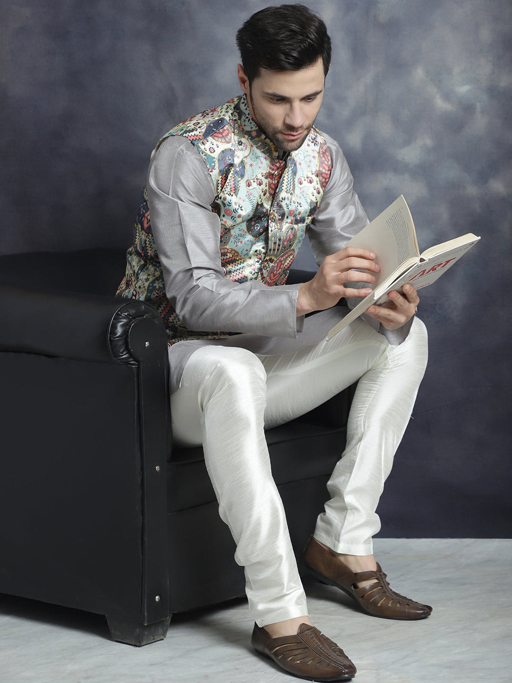 Jompers Men's Digital Print and Zari Work Nehru Jacket With Kurta Pyjama Set - Blue | Grocsy