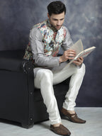 Jompers Men's Digital Print and Zari Work Nehru Jacket With Kurta Pyjama Set - Blue | Grocsy