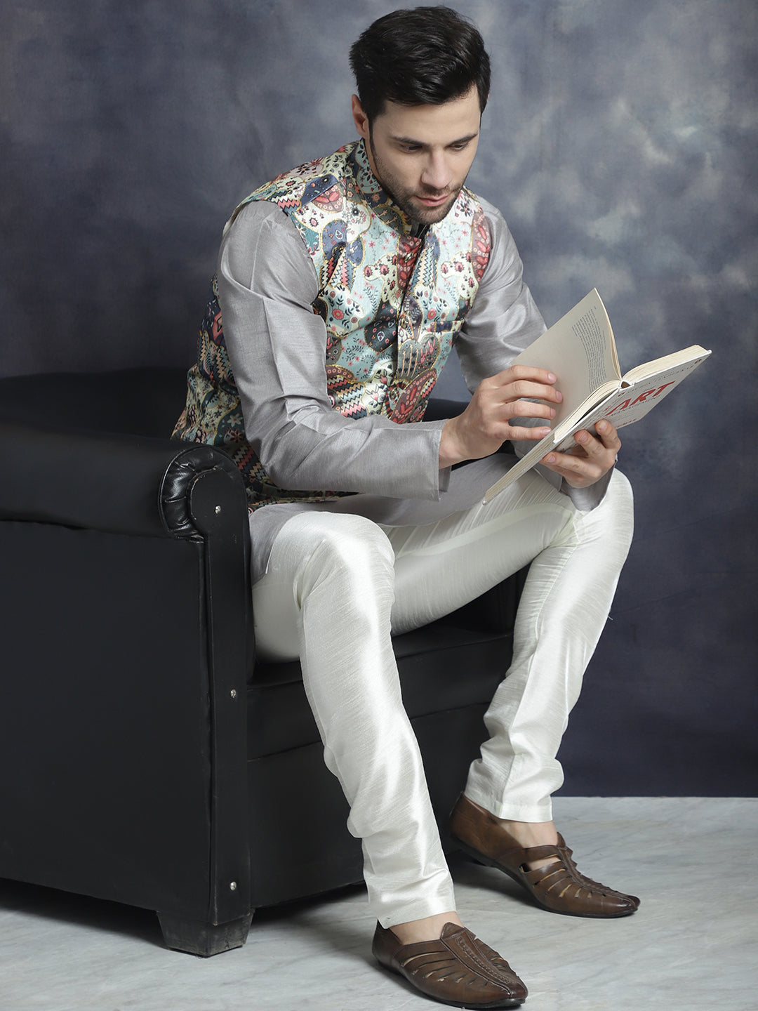 Jompers Men's Digital Print and Zari Work Nehru Jacket With Kurta Pyjama Set - Blue | Grocsy