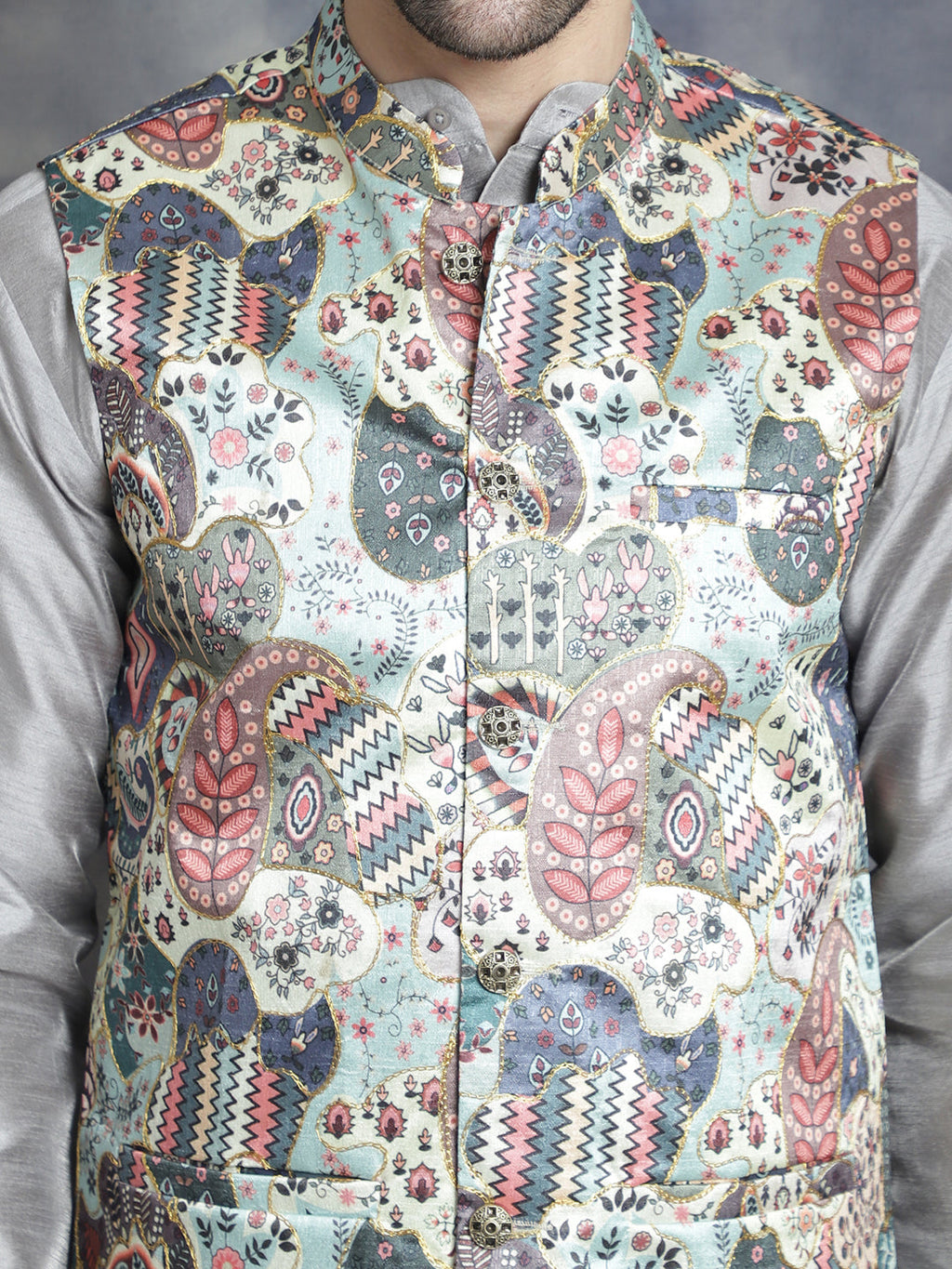 Jompers Men's Digital Print and Zari Work Nehru Jacket With Kurta Pyjama Set - Blue | Grocsy