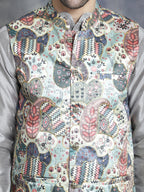 Jompers Men's Digital Print and Zari Work Nehru Jacket With Kurta Pyjama Set - Blue | Grocsy