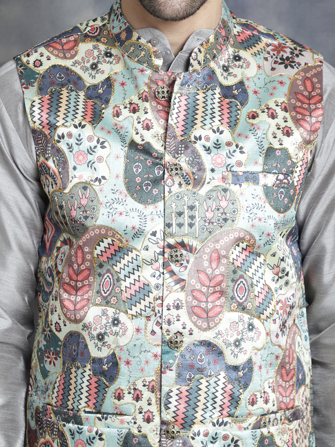 Jompers Men's Digital Print and Zari Work Nehru Jacket With Kurta Pyjama Set - Blue | Grocsy