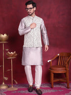 Jompers Men's Woven Design Nehru Jacket With Kurta Pyjama Set - Grey | Grocsy