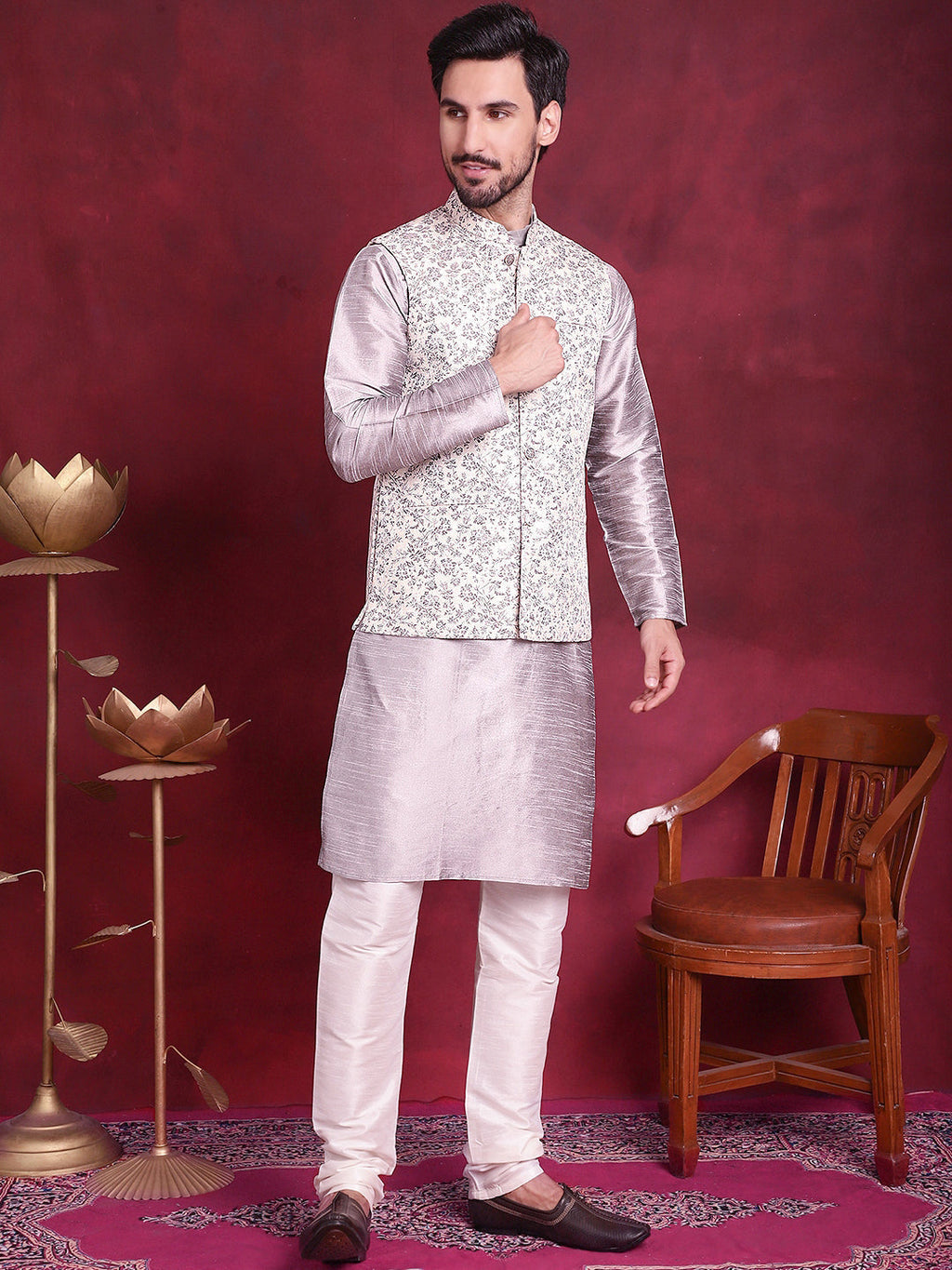 Jompers Men's Woven Design Nehru Jacket With Kurta Pyjama Set - Grey | Grocsy