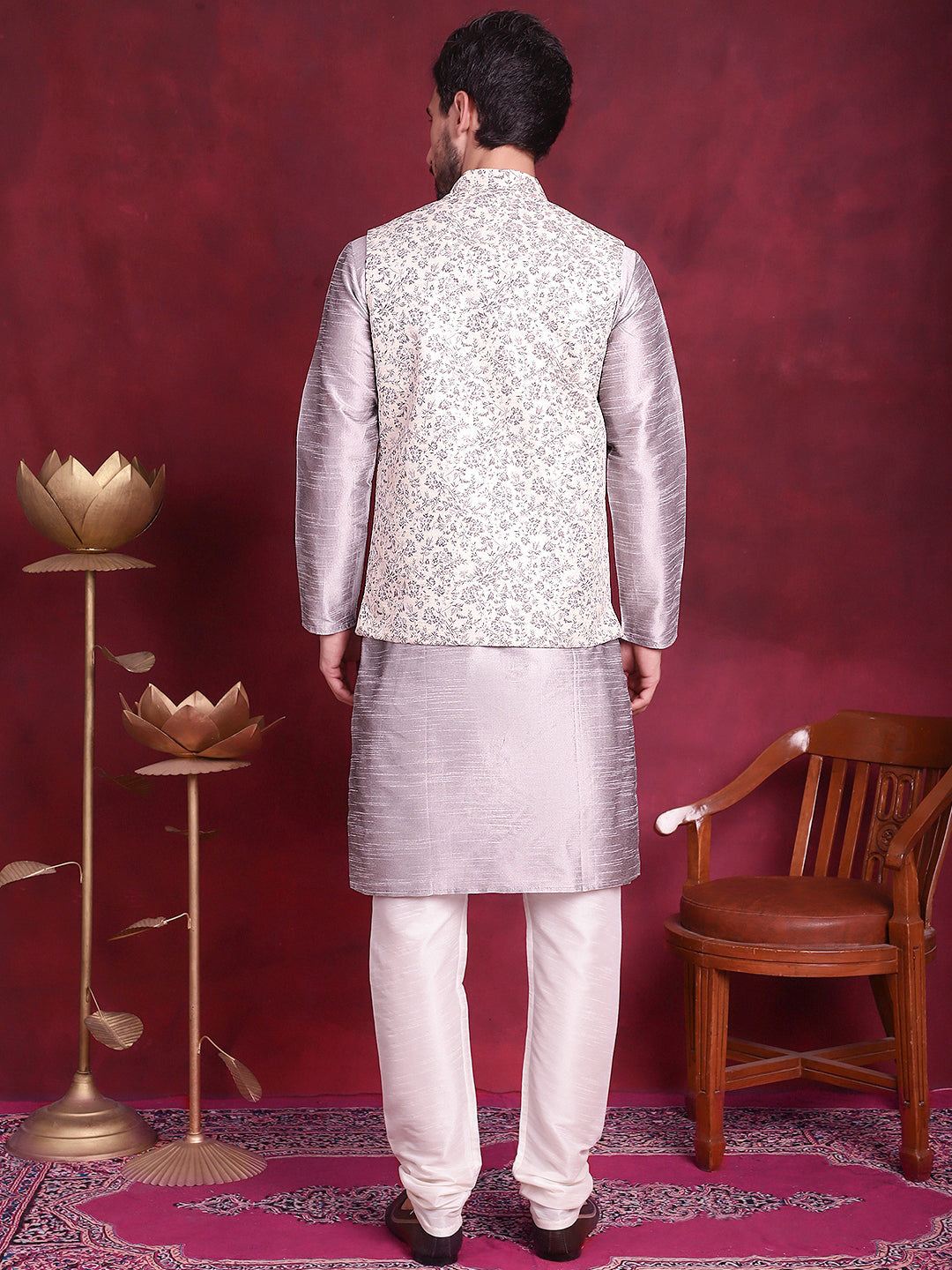 Jompers Men's Woven Design Nehru Jacket With Kurta Pyjama Set - Grey | Grocsy