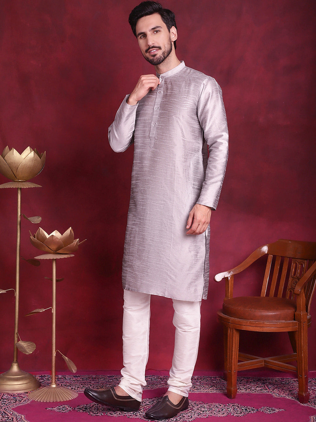 Jompers Men's Woven Design Nehru Jacket With Kurta Pyjama Set - Grey | Grocsy