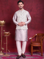 Jompers Men's Woven Design Nehru Jacket With Kurta Pyjama Set - Grey | Grocsy