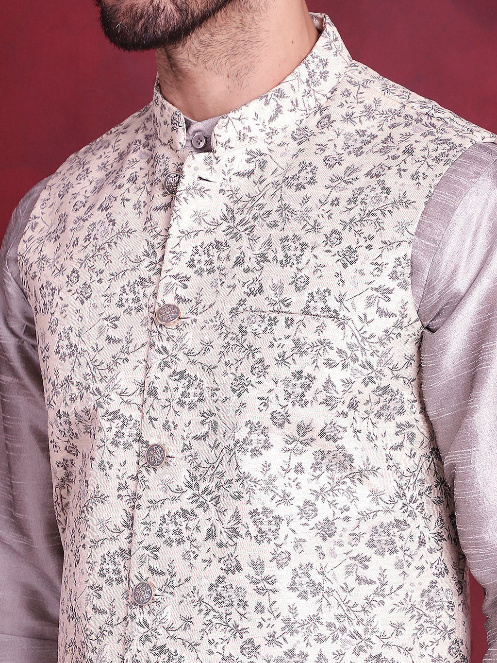 Jompers Men's Woven Design Nehru Jacket With Kurta Pyjama Set - Grey | Grocsy