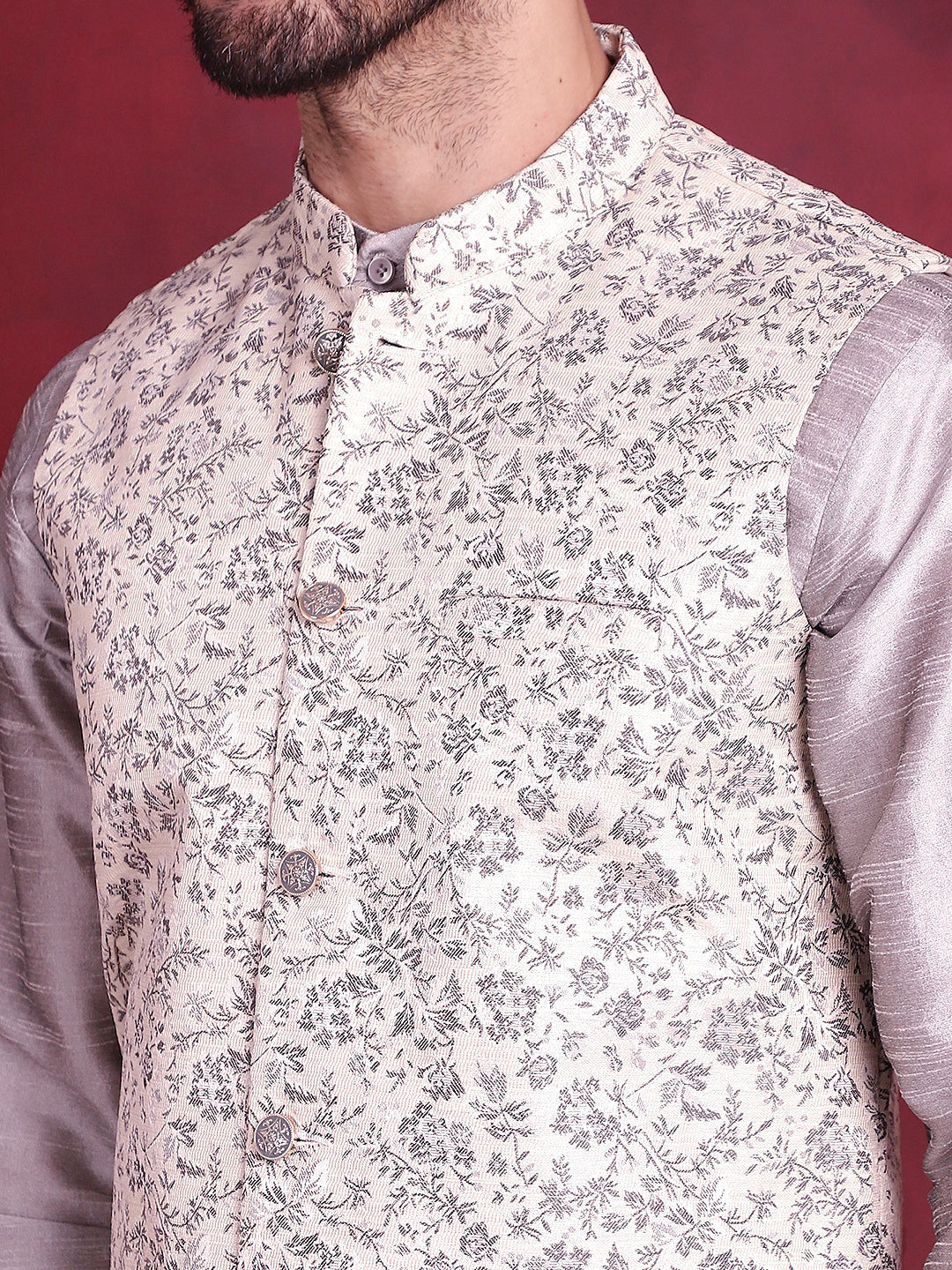 Jompers Men's Woven Design Nehru Jacket With Kurta Pyjama Set - Grey | Grocsy