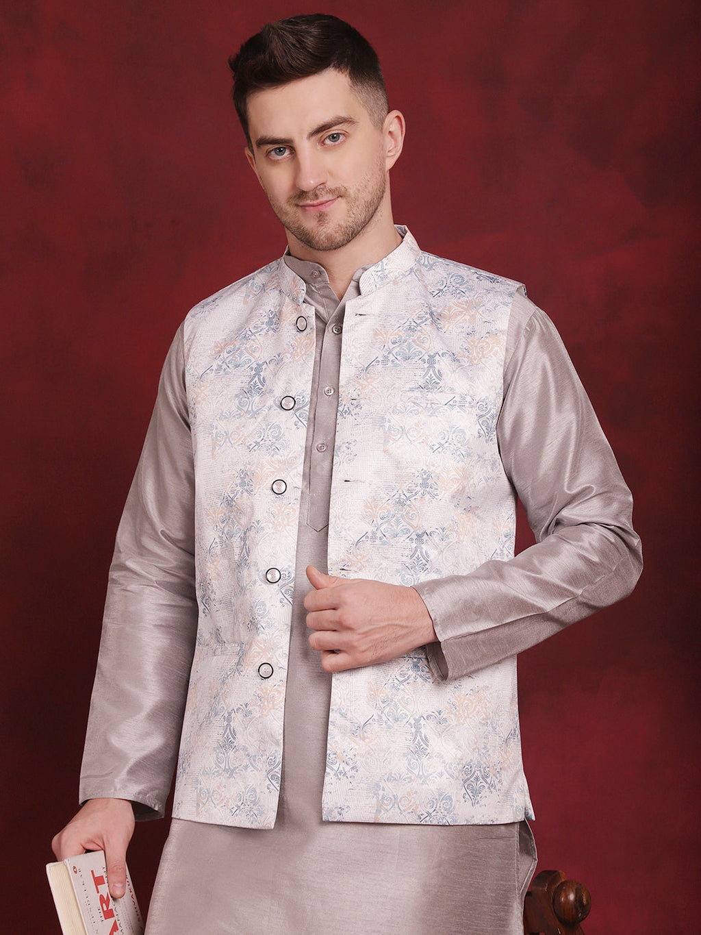 Jompers Men's Silver Floral Printed Nehru Jacket With Kurta Pyjama Set | Grocsy