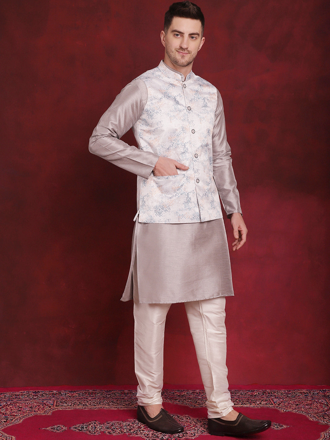 Jompers Men's Silver Floral Printed Nehru Jacket With Kurta Pyjama Set | Grocsy
