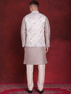 Jompers Men's Silver Floral Printed Nehru Jacket With Kurta Pyjama Set | Grocsy