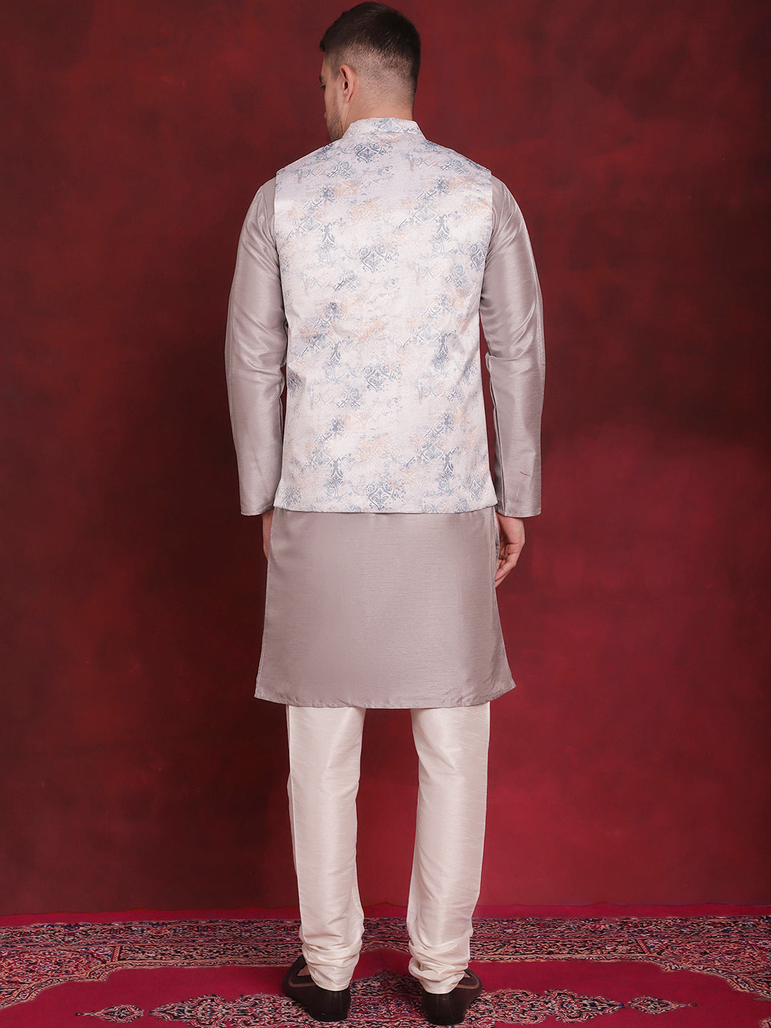 Jompers Men's Silver Floral Printed Nehru Jacket With Kurta Pyjama Set | Grocsy