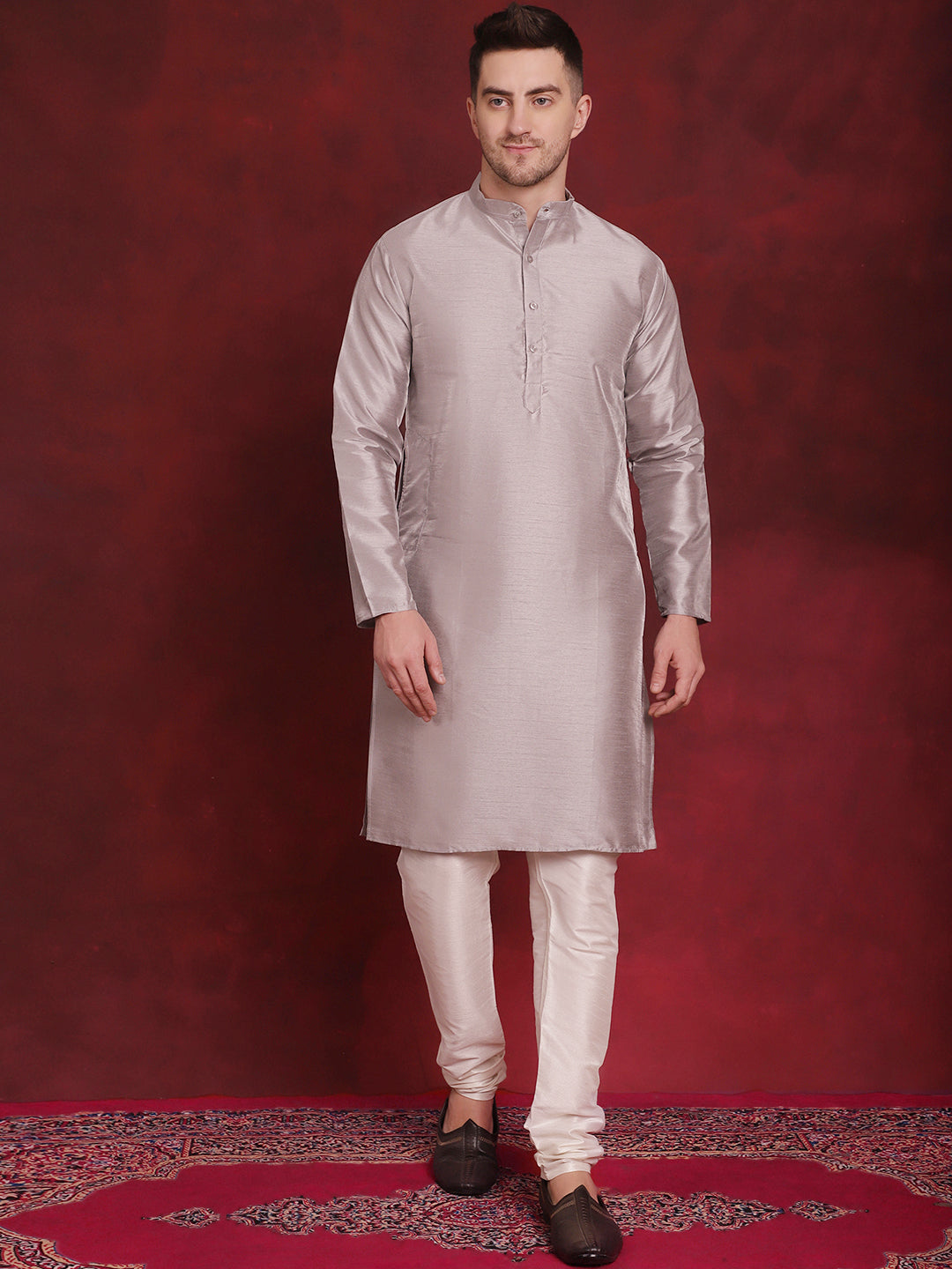 Jompers Men's Silver Floral Printed Nehru Jacket With Kurta Pyjama Set | Grocsy