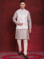 Jompers Men's Silver Floral Printed Nehru Jacket With Kurta Pyjama Set | Grocsy