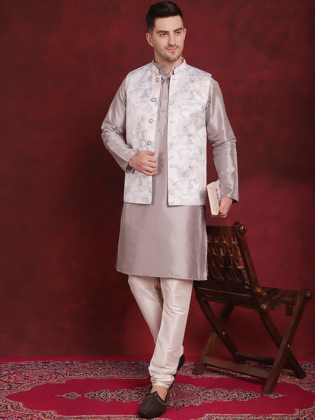 Jompers Men's Silver Floral Printed Nehru Jacket With Kurta Pyjama Set | Grocsy