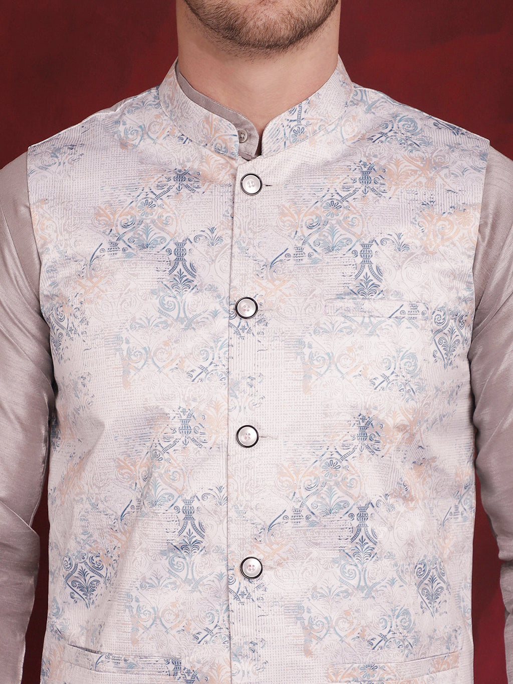 Jompers Men's Silver Floral Printed Nehru Jacket With Kurta Pyjama Set | Grocsy