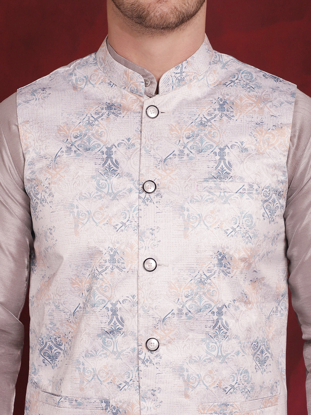 Jompers Men's Silver Floral Printed Nehru Jacket With Kurta Pyjama Set | Grocsy