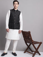 Jompers Men's Black Woven Design Nehru Jacket With Solid Kurta Pyjama | Grocsy