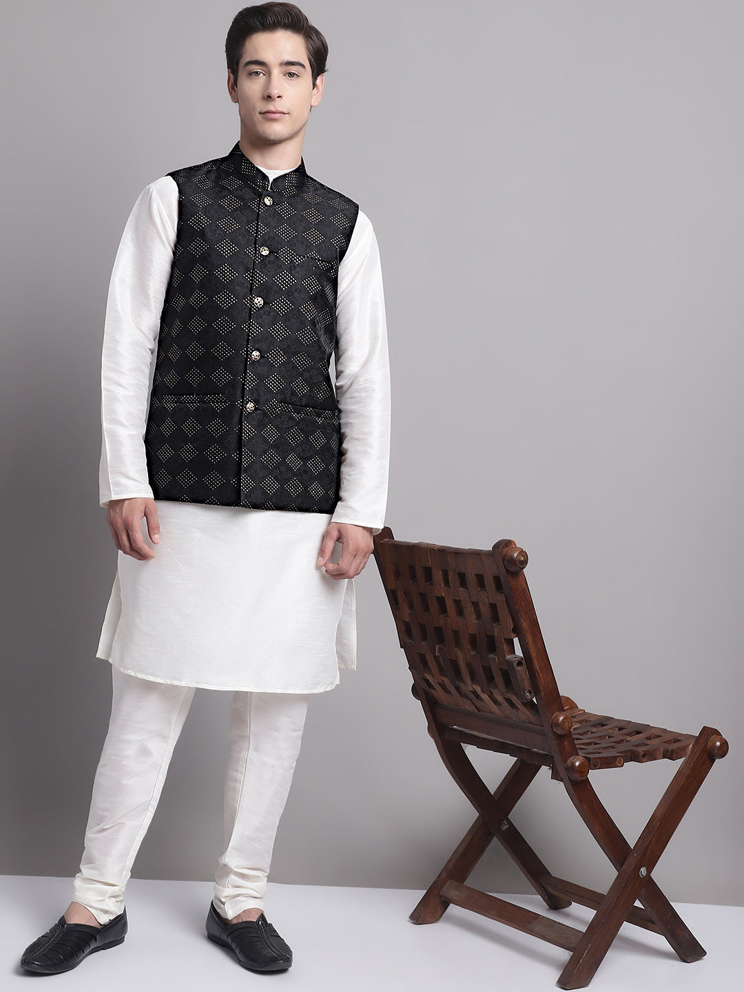 Jompers Men's Black Woven Design Nehru Jacket With Solid Kurta Pyjama | Grocsy