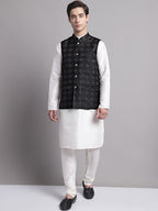 Jompers Men's Black Woven Design Nehru Jacket With Solid Kurta Pyjama | Grocsy