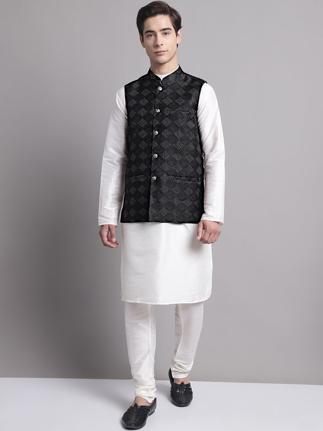Jompers Men's Black Woven Design Nehru Jacket With Solid Kurta Pyjama | Grocsy