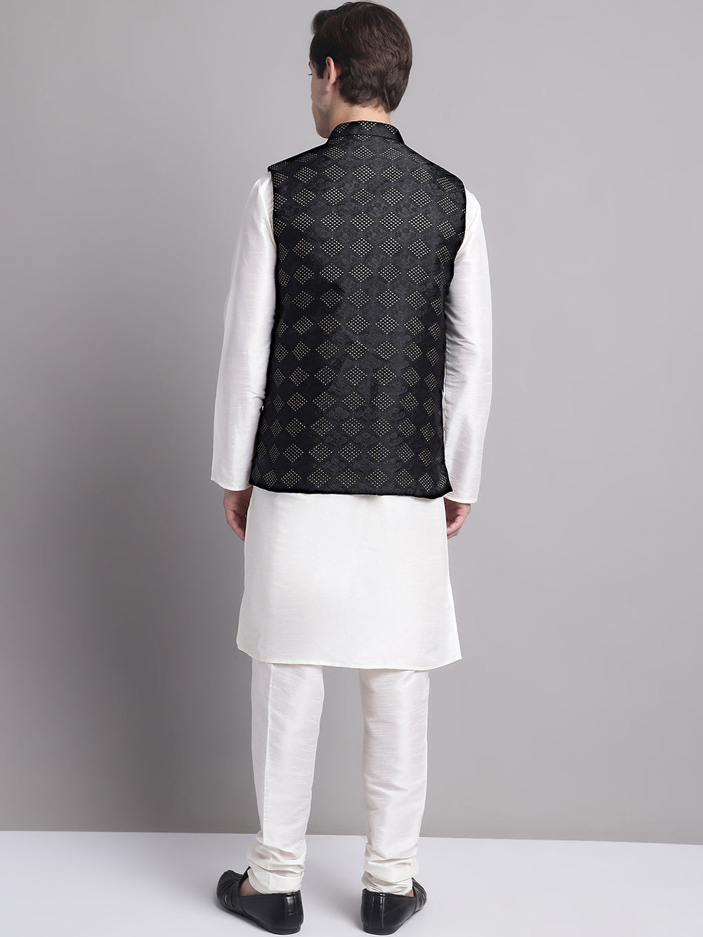 Jompers Men's Black Woven Design Nehru Jacket With Solid Kurta Pyjama | Grocsy