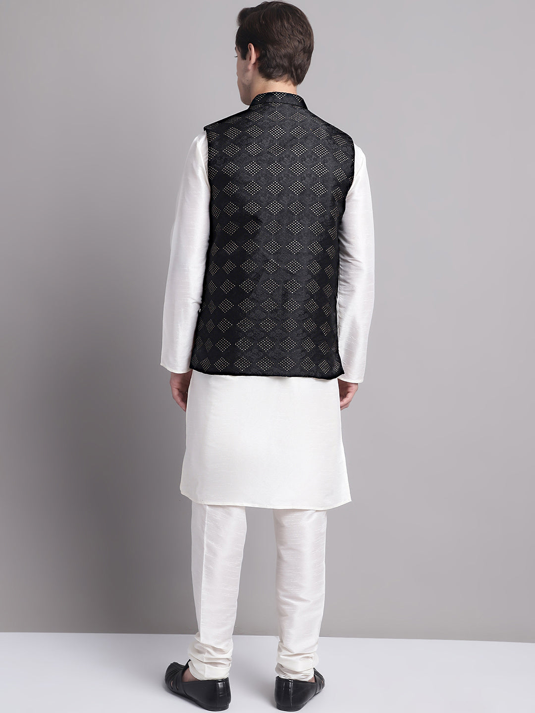 Jompers Men's Black Woven Design Nehru Jacket With Solid Kurta Pyjama | Grocsy