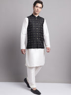 Jompers Men's Black Woven Design Nehru Jacket With Solid Kurta Pyjama | Grocsy